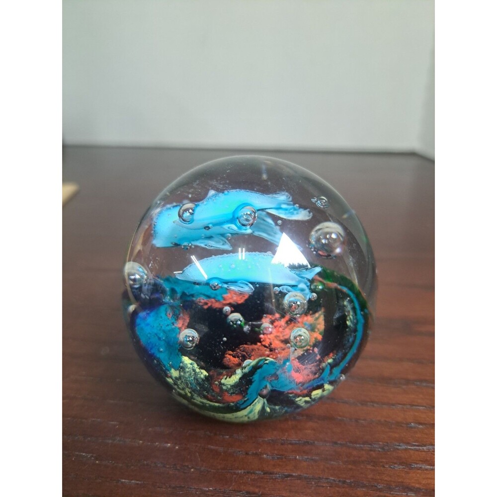 Vintage Art Glass Paperweight 3 Dolphins Above Coral With Bubbles